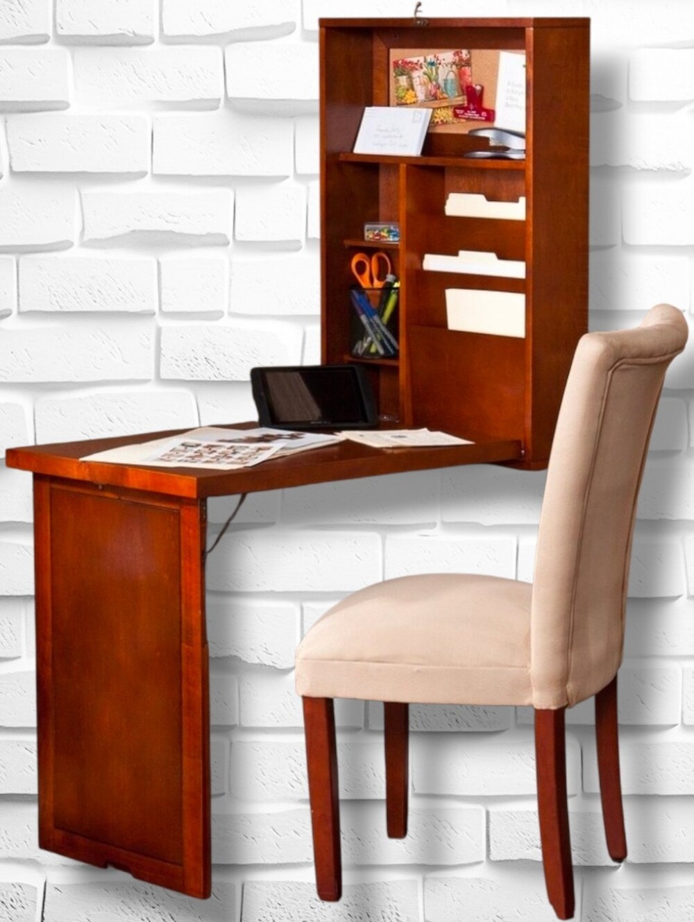 Wall-Mounted Fold-Out Convertible Murphy Desk - Walnut Finish